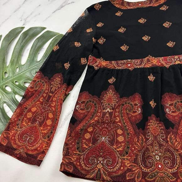 INC Womens Vintage Y2k Babydoll Top Size L Black Orange Paisley Mesh Sheer Trim - Picture 10 of 11
